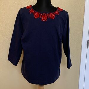 Boden 3/4 sleeve navy top with red bead accent detail size US 16 UK 20